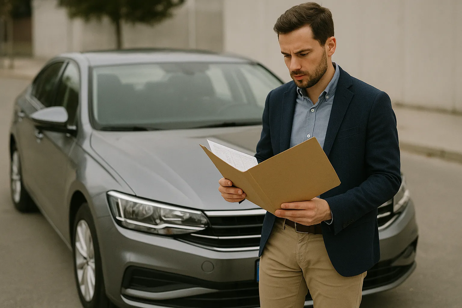 Propietario con la documentación de un coche importado para la inspección previa a la matriculación en Móstoles (UE y extracomunitarios)